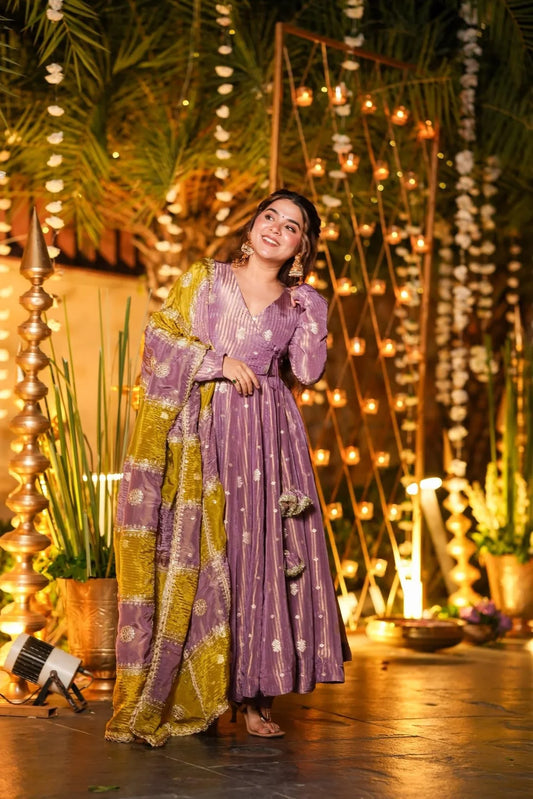 PURPLE SILK WEDDING WEAR ANARKALI SUIT SET