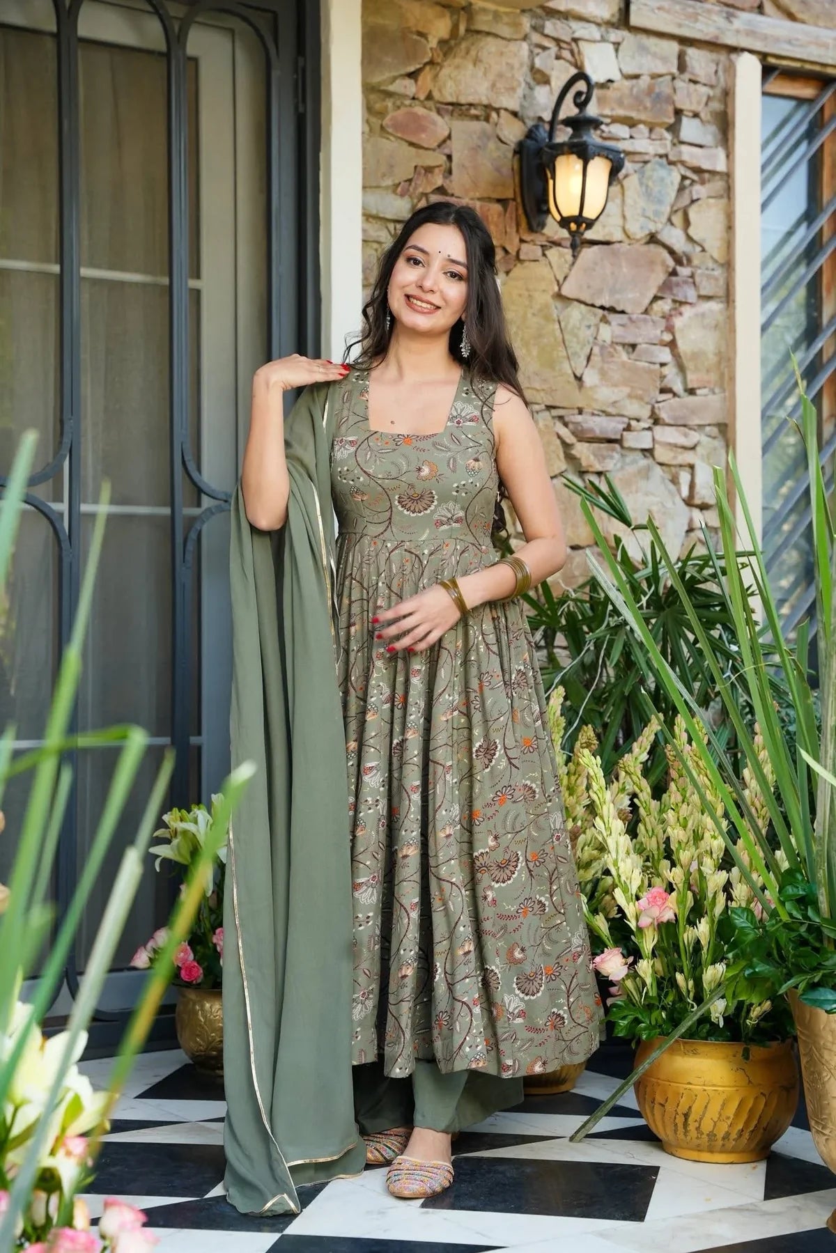.BISHARA SAGE RAYON ANARKALI SUIT SET