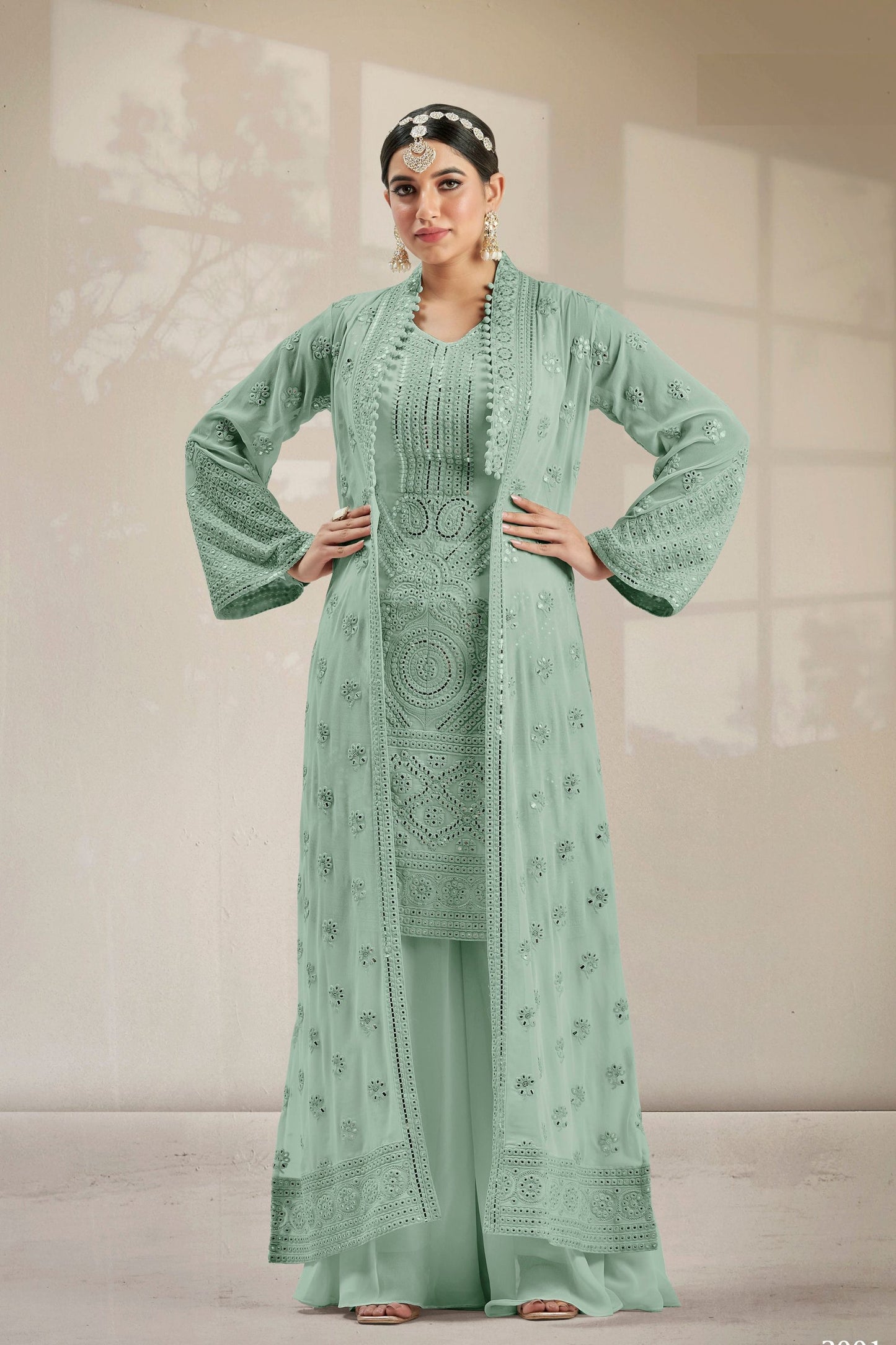 Light Green Georgette Palazzo Suit With Koti - Resham Embroidery Work, Mirror Work