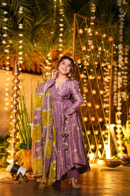 PURPLE SILK WEDDING WEAR ANARKALI SUIT SET