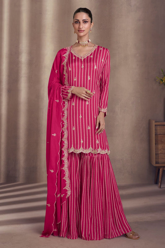 Pink Chinon Silk Sharara Suit - Embroidery Work