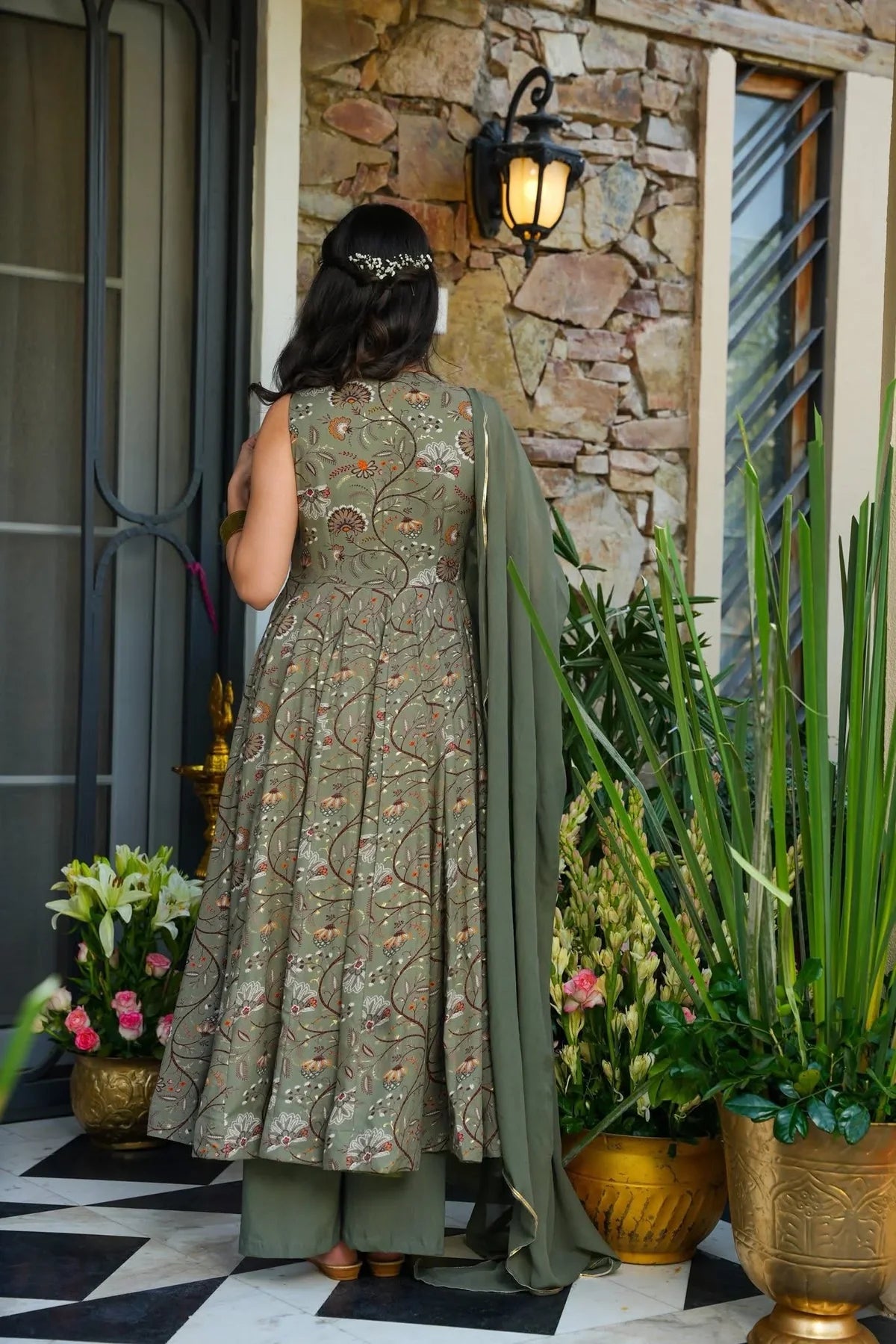 .BISHARA SAGE RAYON ANARKALI SUIT SET