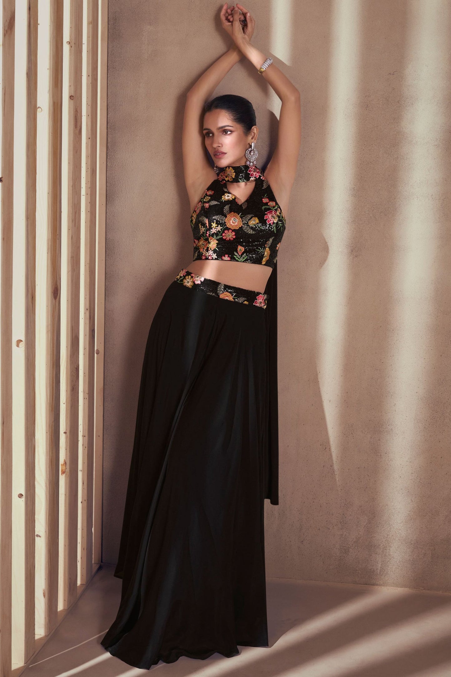 Black Chinon Silk Palazzo Choli- Embroidery Work