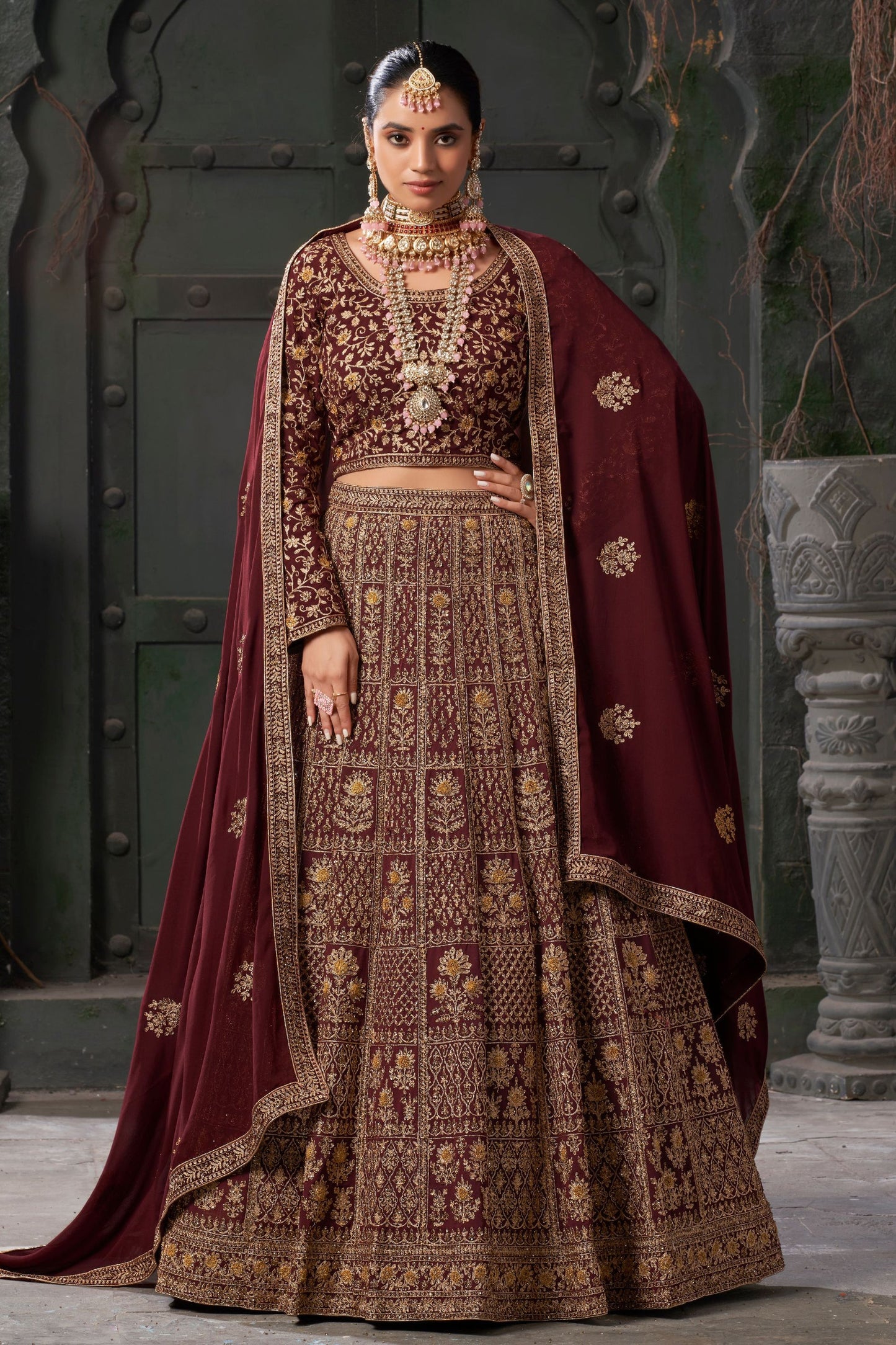 Maroon Georgette Embroidered Lehenga Choli - Embroidery Work, Zarkan Work