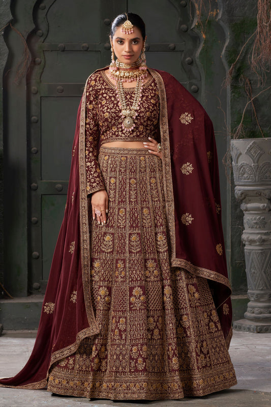Maroon Georgette Embroidered Lehenga Choli - Embroidery Work, Zarkan Work