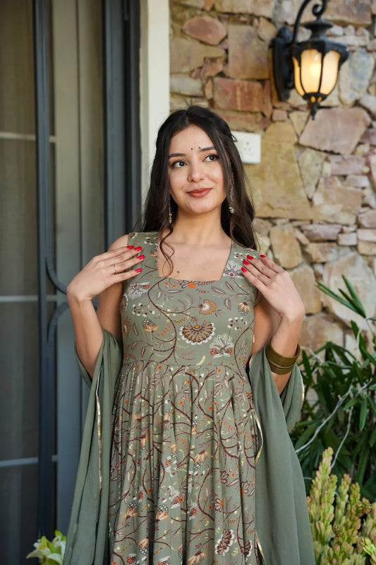 .BISHARA SAGE RAYON ANARKALI SUIT SET