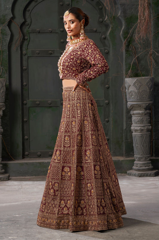 Maroon Georgette Embroidered Lehenga Choli - Embroidery Work, Zarkan Work