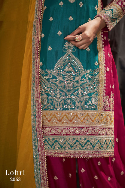 Turquoise Chinon Silk Plazo Suit - Sequence Embroidery Work, Mirror Work