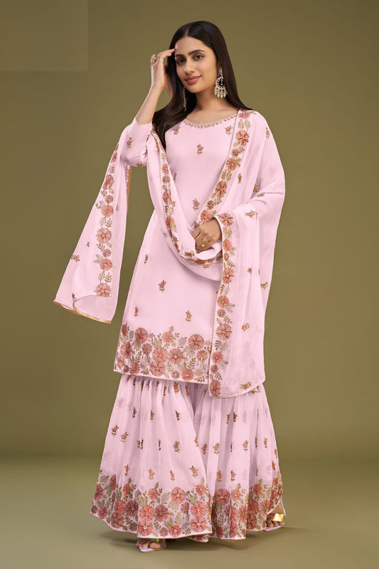 Baby Pink Georgette Sharara suit - Thread Embroidery Work
