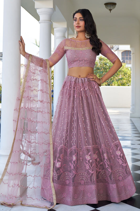 Blush Pink Net Embroidered Lehenga Choli