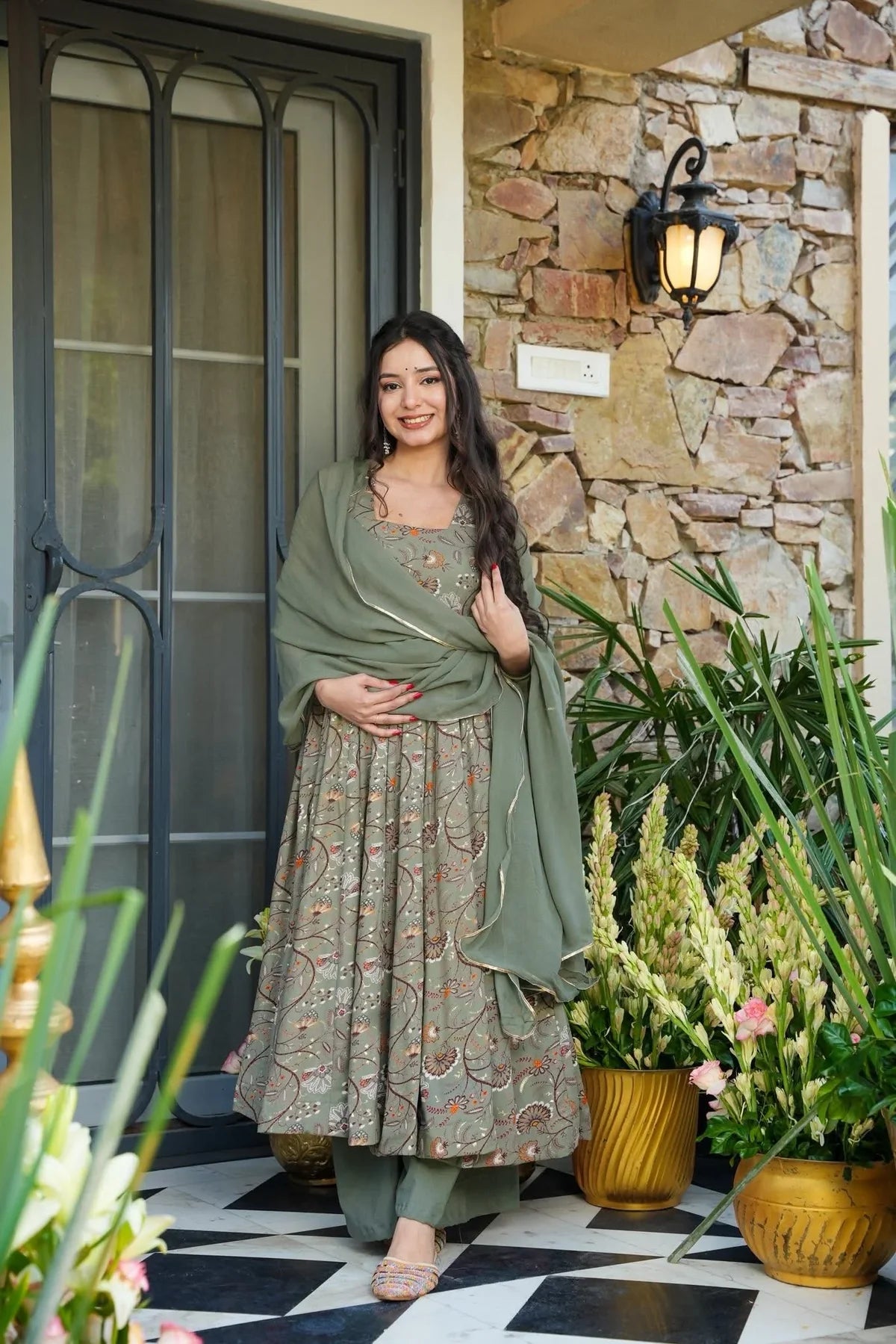 .BISHARA SAGE RAYON ANARKALI SUIT SET