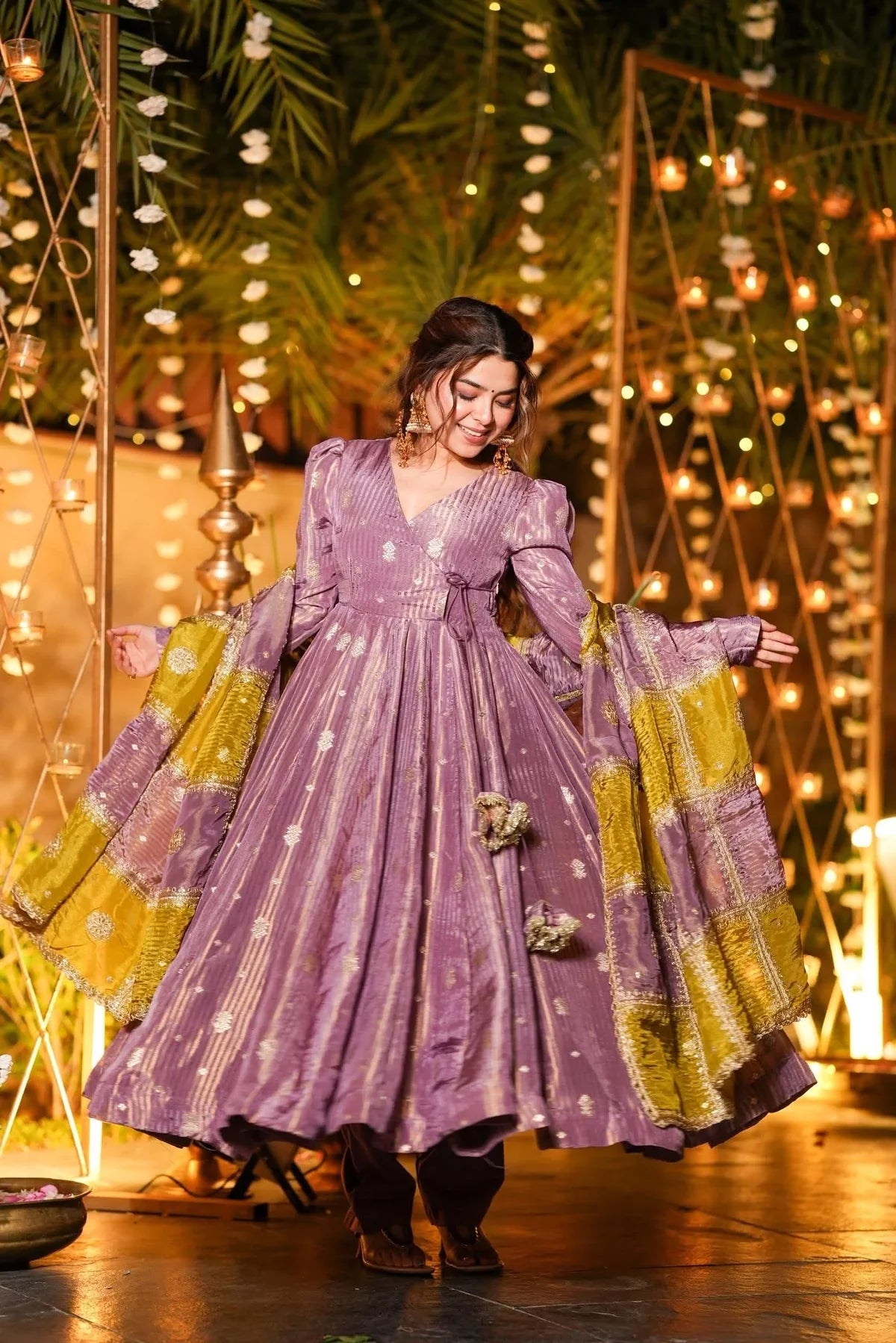 PURPLE SILK WEDDING WEAR ANARKALI SUIT SET