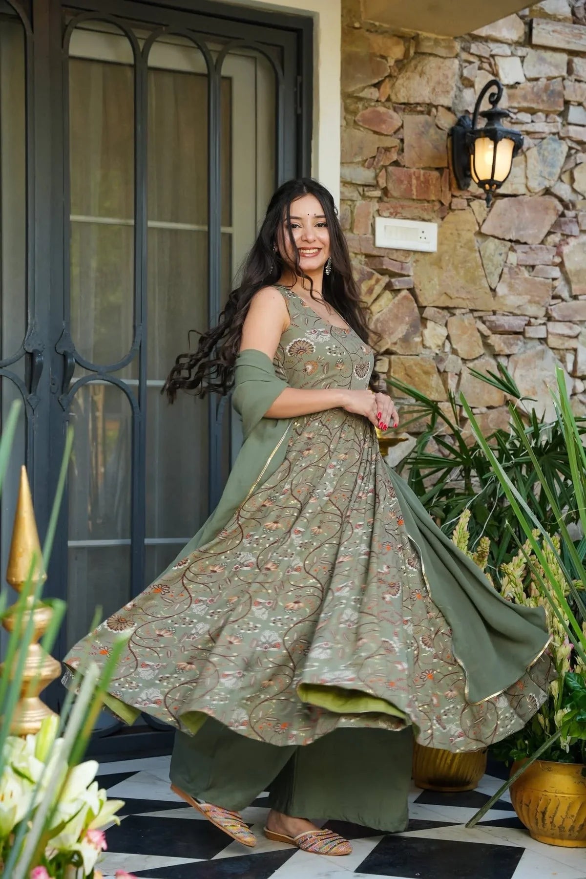 .BISHARA SAGE RAYON ANARKALI SUIT SET