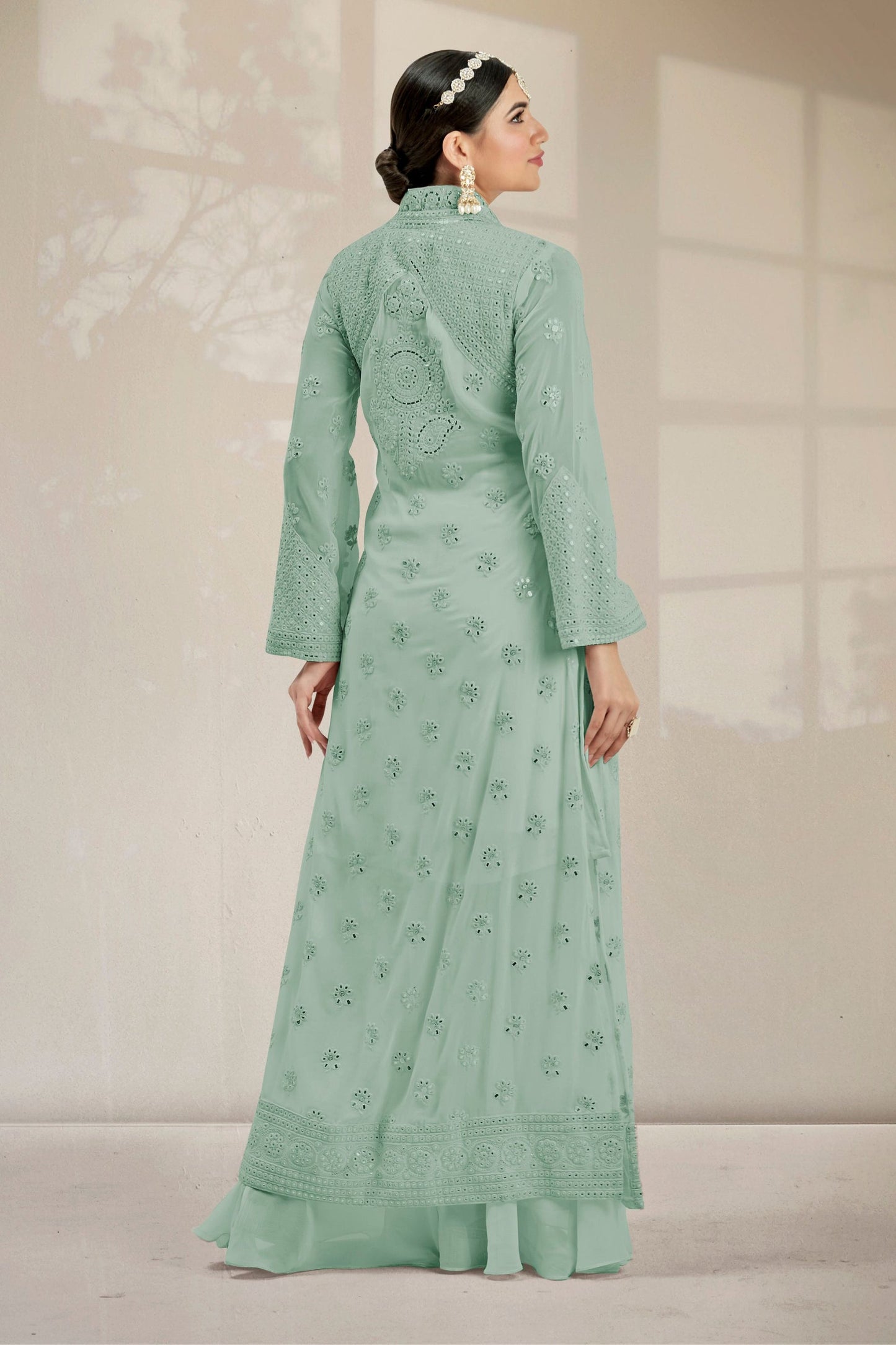 Light Green Georgette Palazzo Suit With Koti - Resham Embroidery Work, Mirror Work
