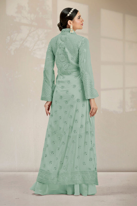 Light Green Georgette Palazzo Suit With Koti - Resham Embroidery Work, Mirror Work
